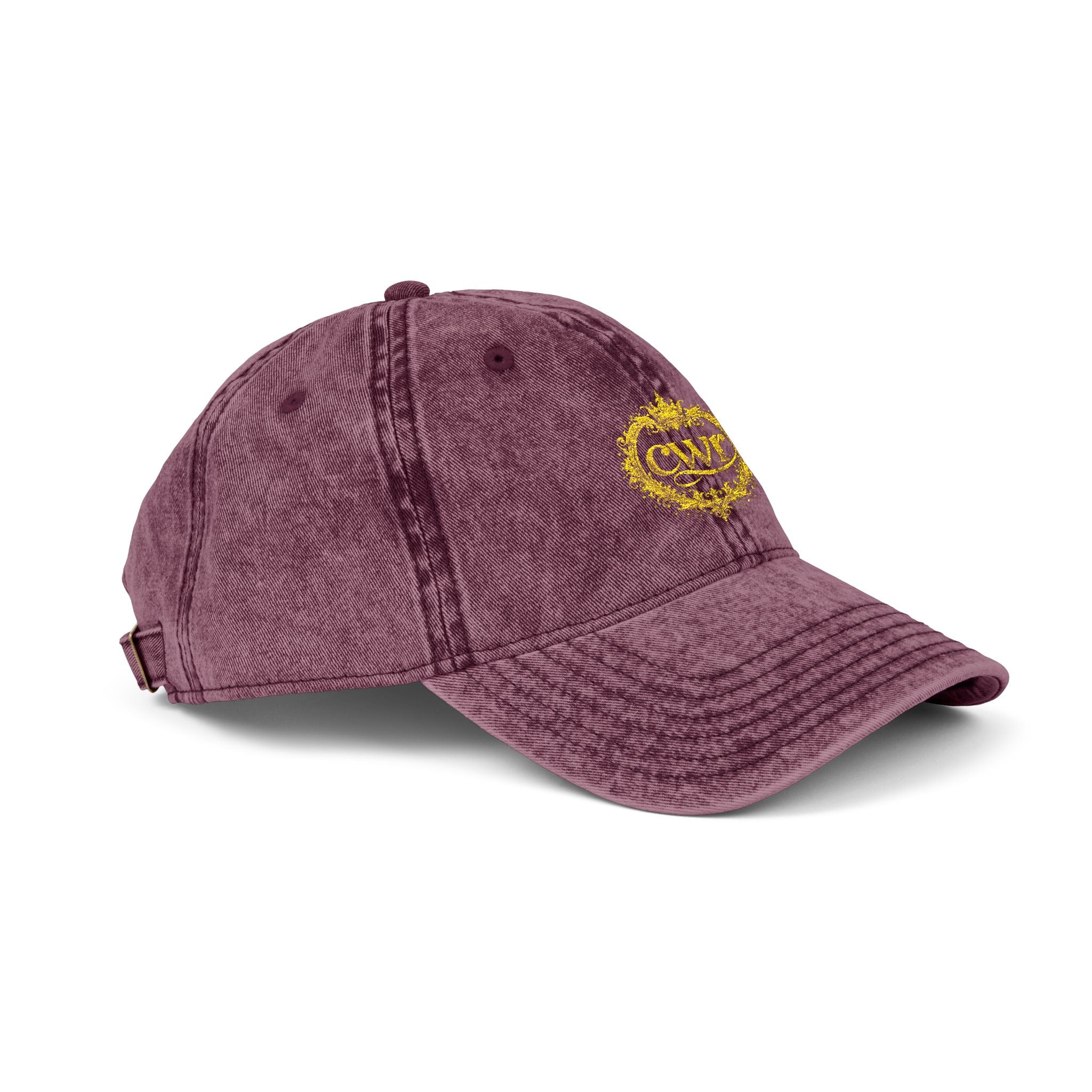 Vintage Embroidered Cap — Distressed Gray Hat with Gold Floral Crest