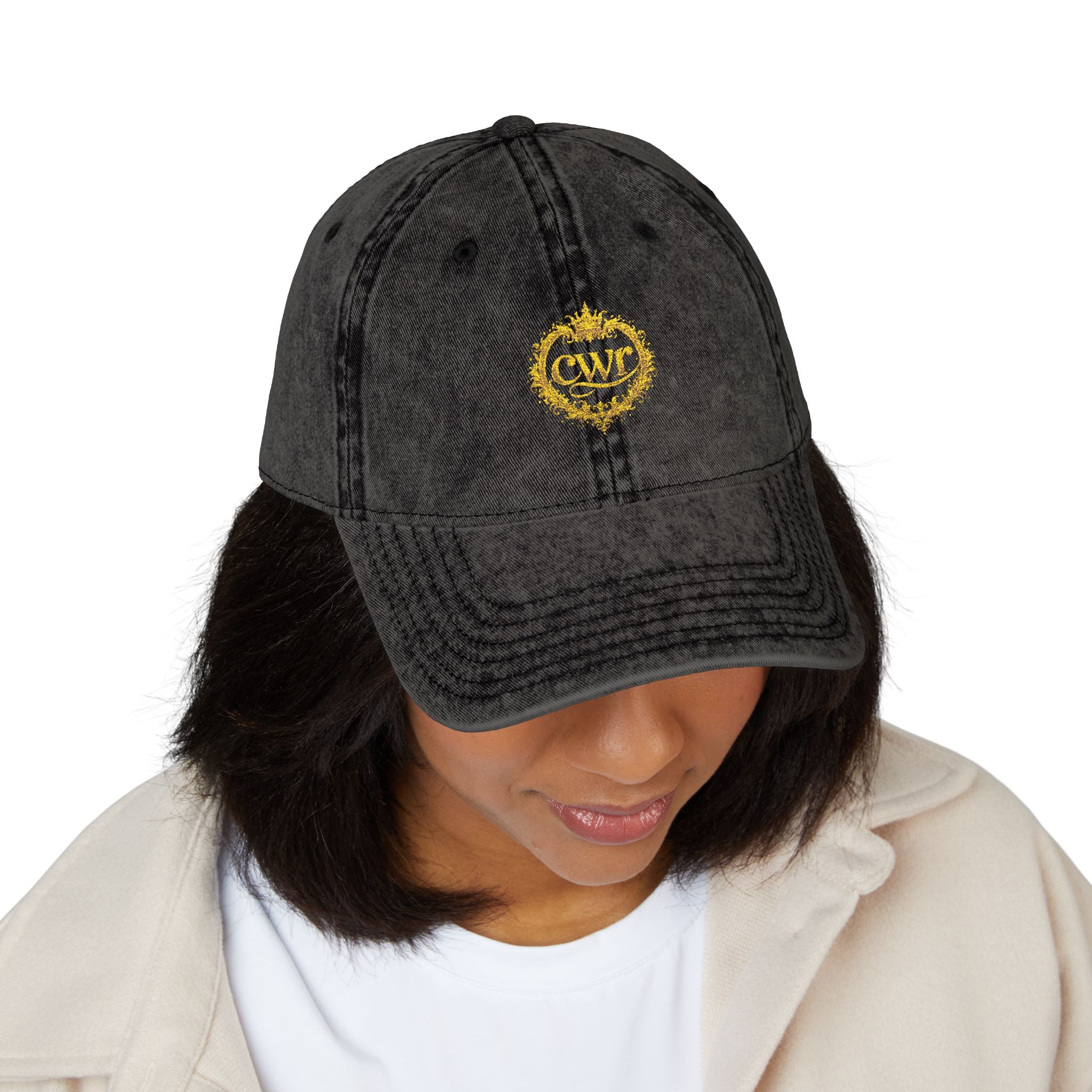 Vintage Embroidered Cap — Distressed Gray Hat with Gold Floral Crest