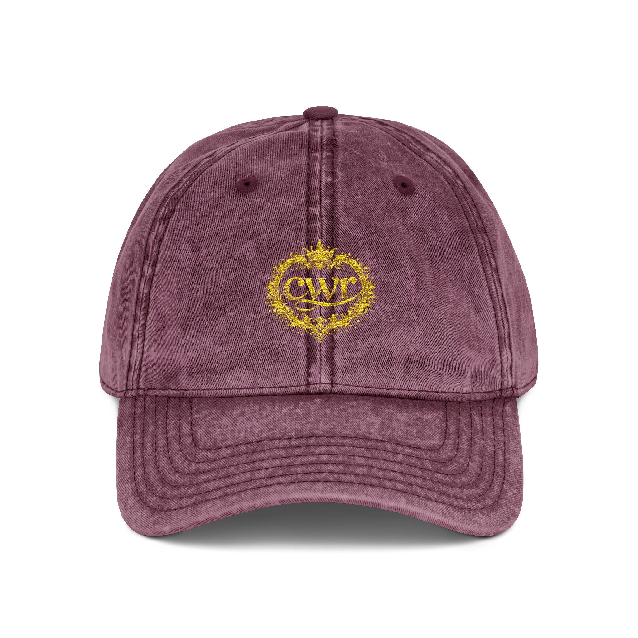 Vintage Embroidered Cap — Distressed Gray Hat with Gold Floral Crest