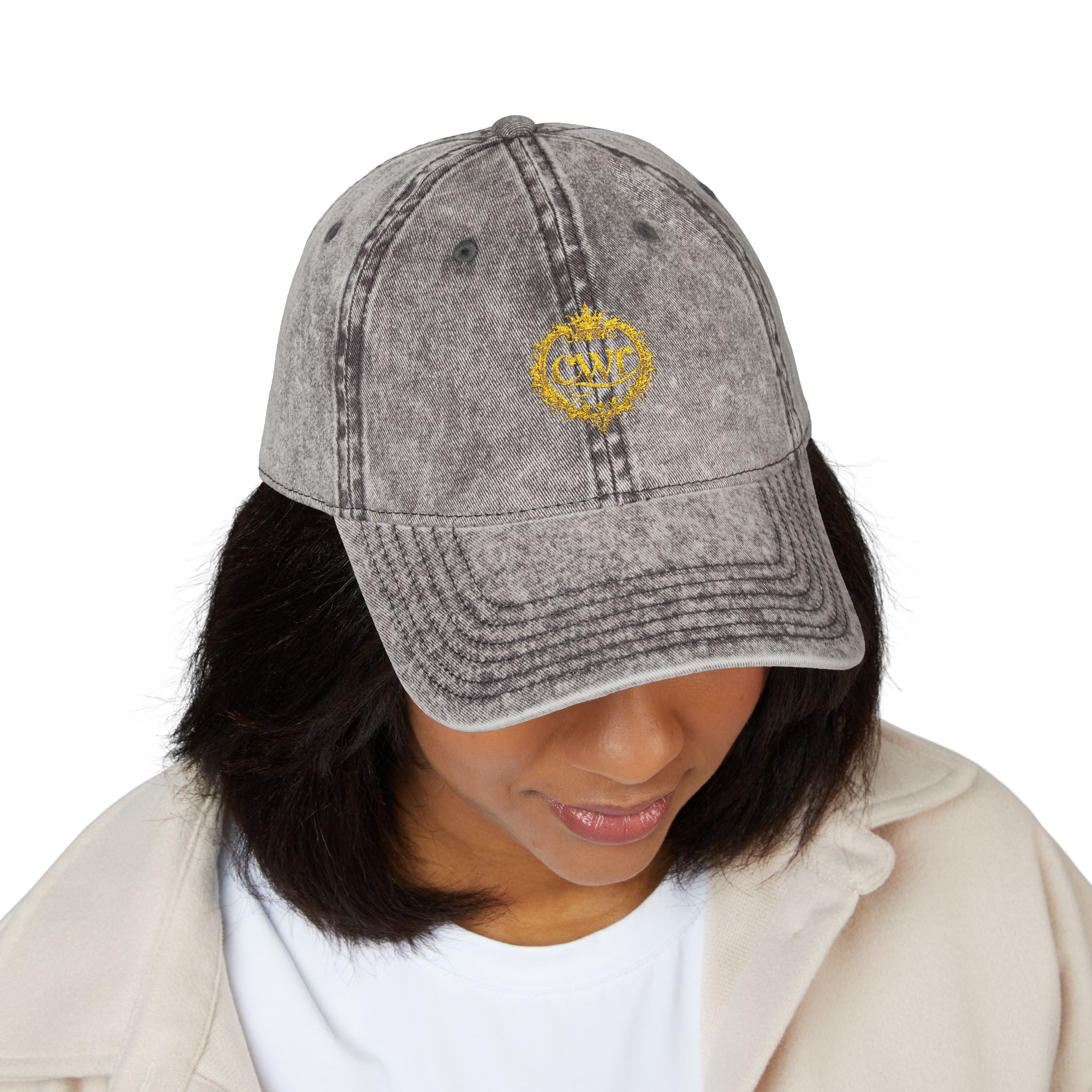 Vintage Embroidered Cap — Distressed Gray Hat with Gold Floral Crest