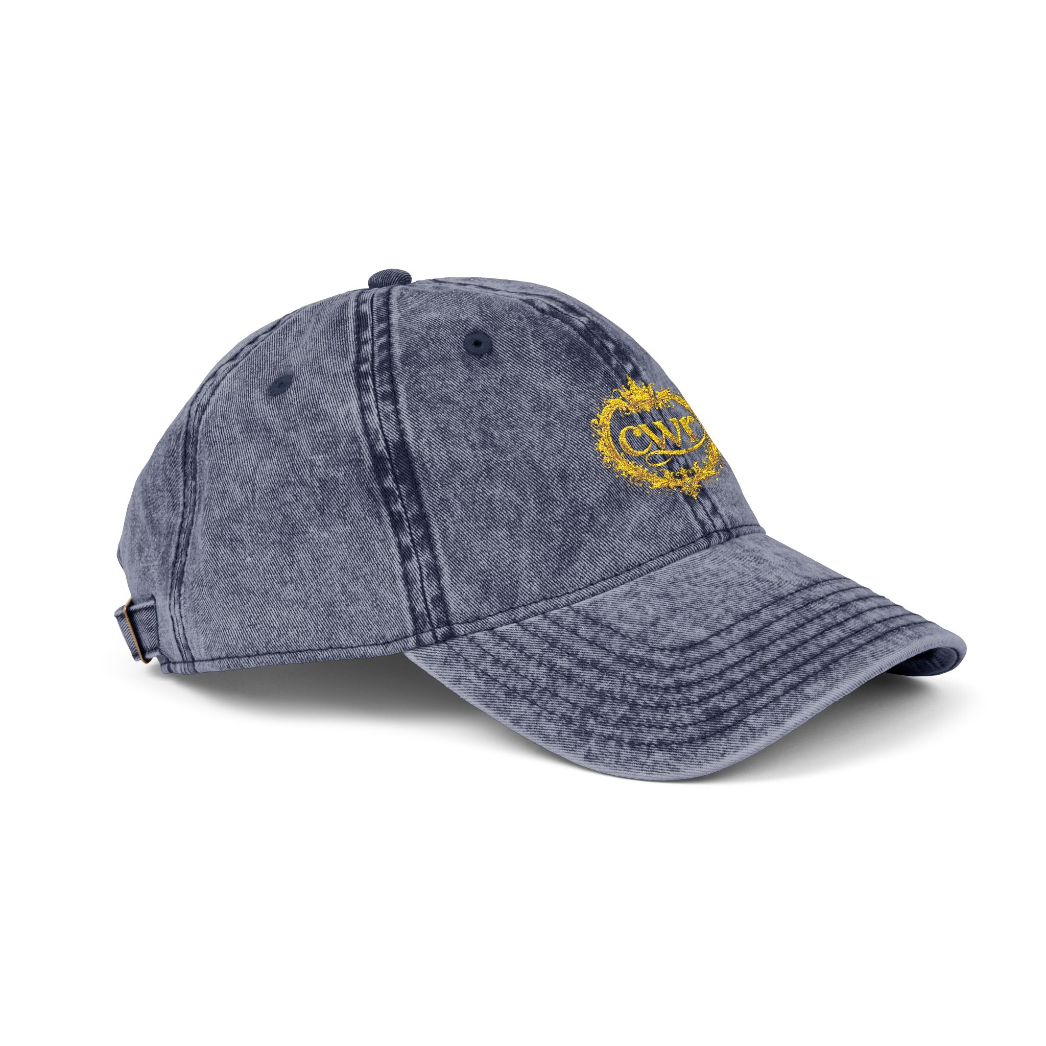Vintage Embroidered Cap — Distressed Gray Hat with Gold Floral Crest