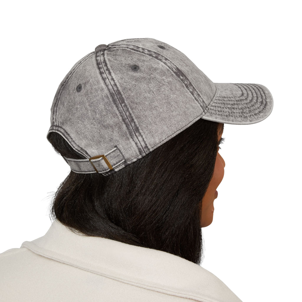 Vintage Embroidered Cap — Distressed Gray Hat with Gold Floral Crest