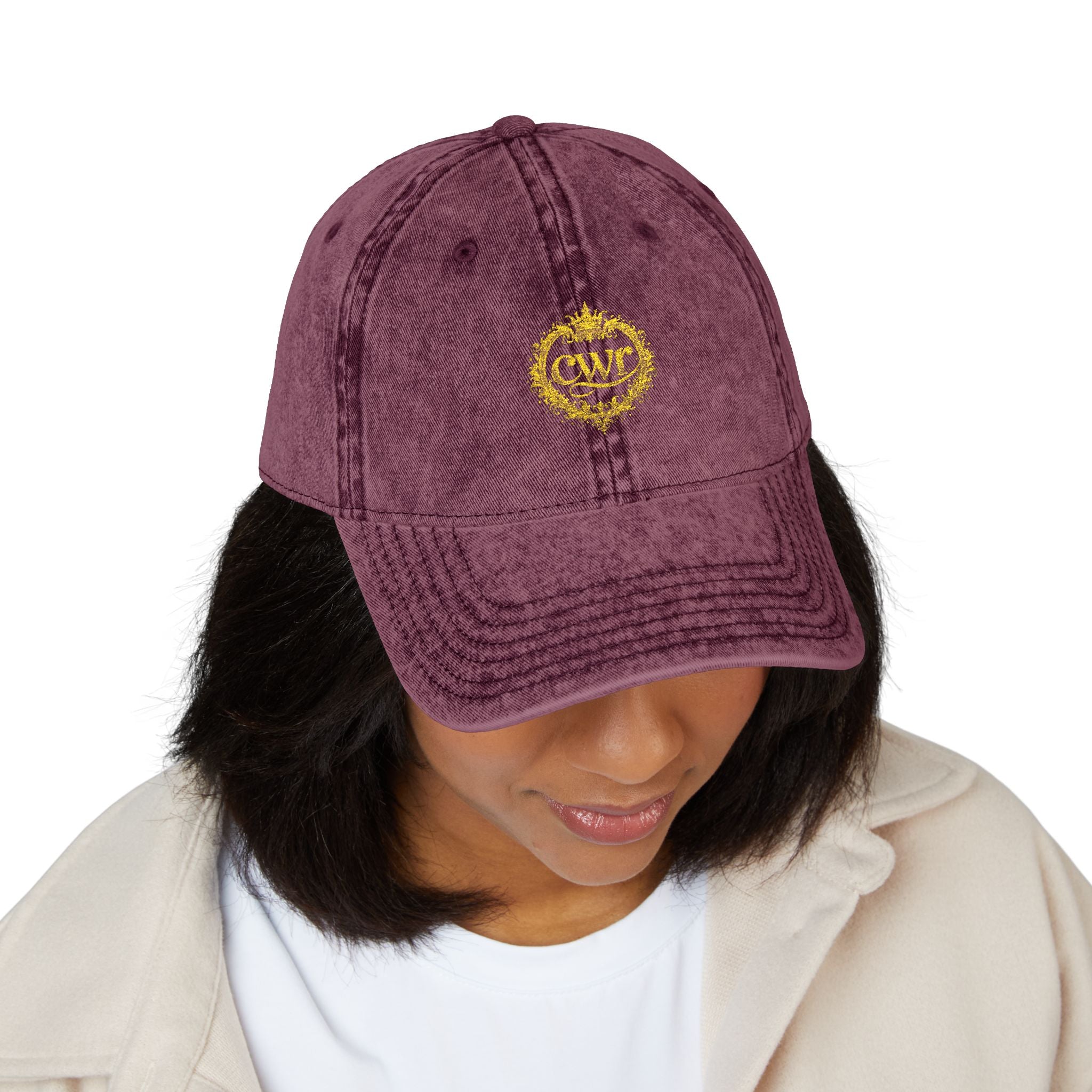 Vintage Embroidered Cap — Distressed Gray Hat with Gold Floral Crest