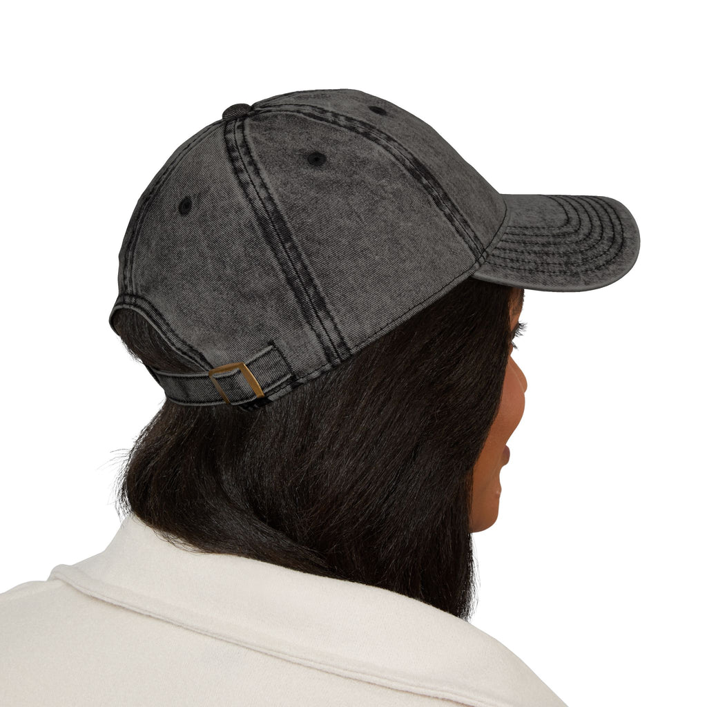 Vintage Embroidered Cap — Distressed Gray Hat with Gold Floral Crest