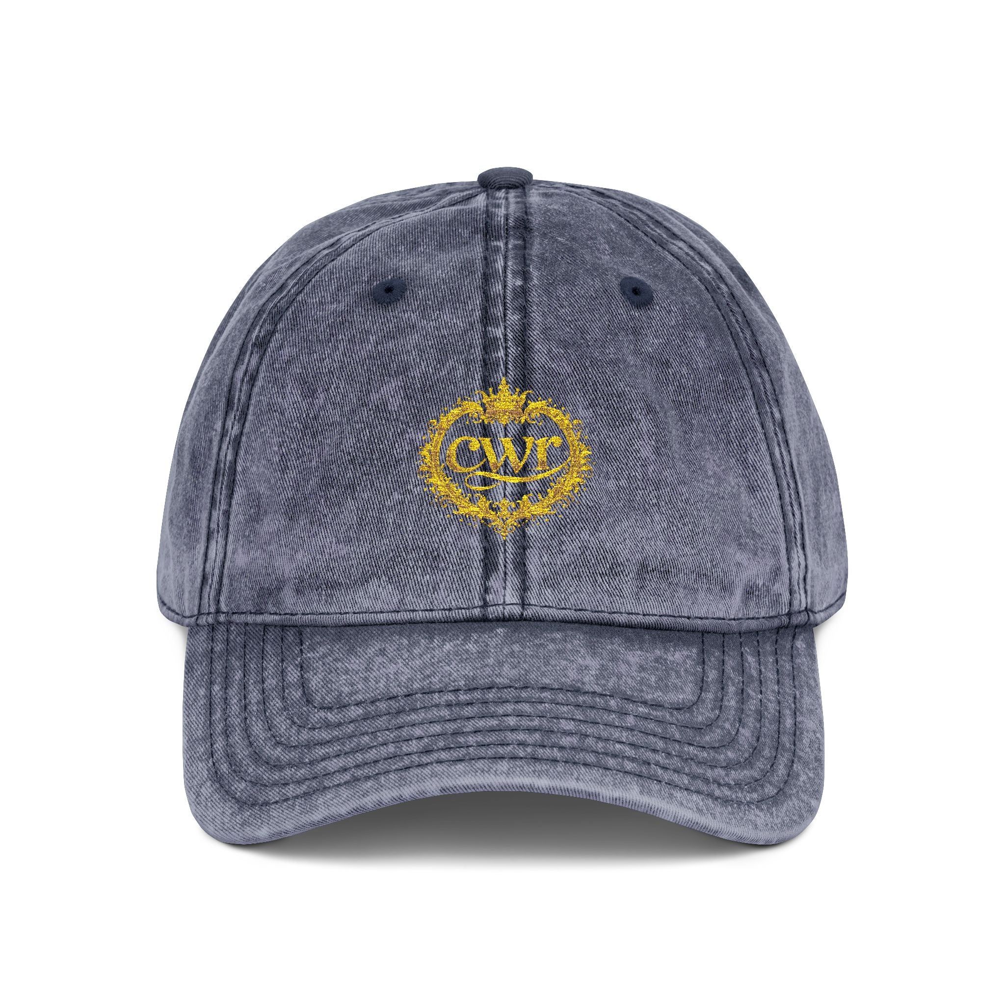 Vintage Embroidered Cap — Distressed Gray Hat with Gold Floral Crest