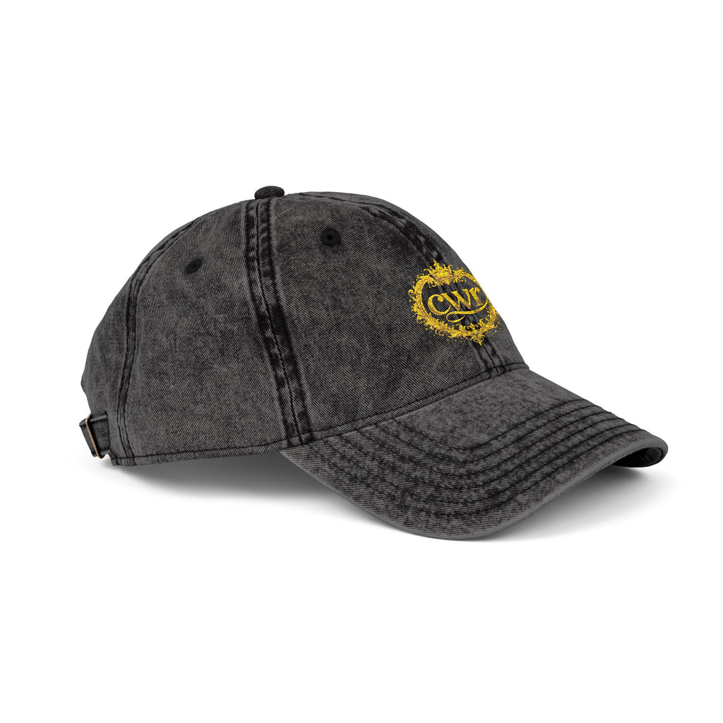 Vintage Embroidered Cap — Distressed Gray Hat with Gold Floral Crest