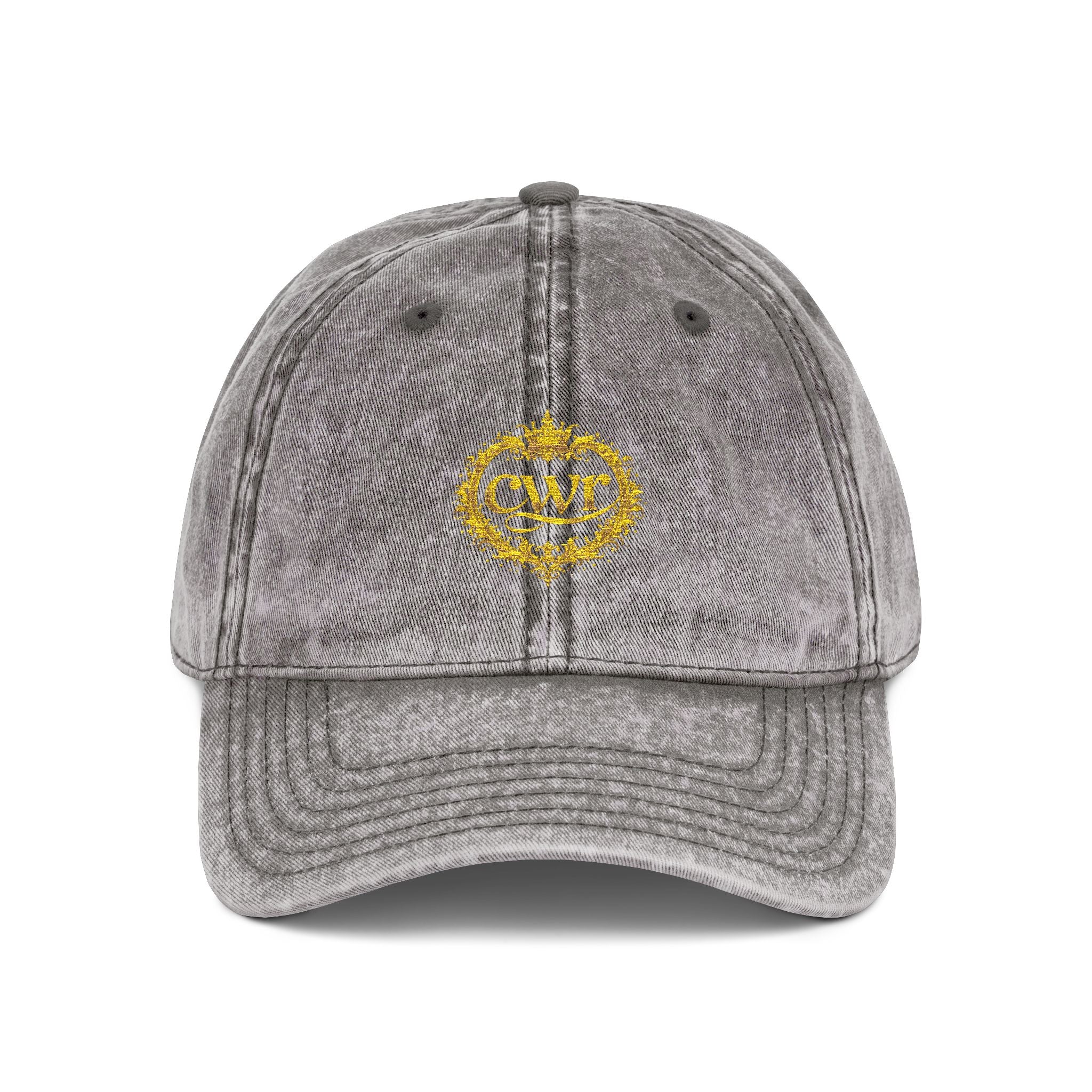 Vintage Embroidered Cap — Distressed Gray Hat with Gold Floral Crest