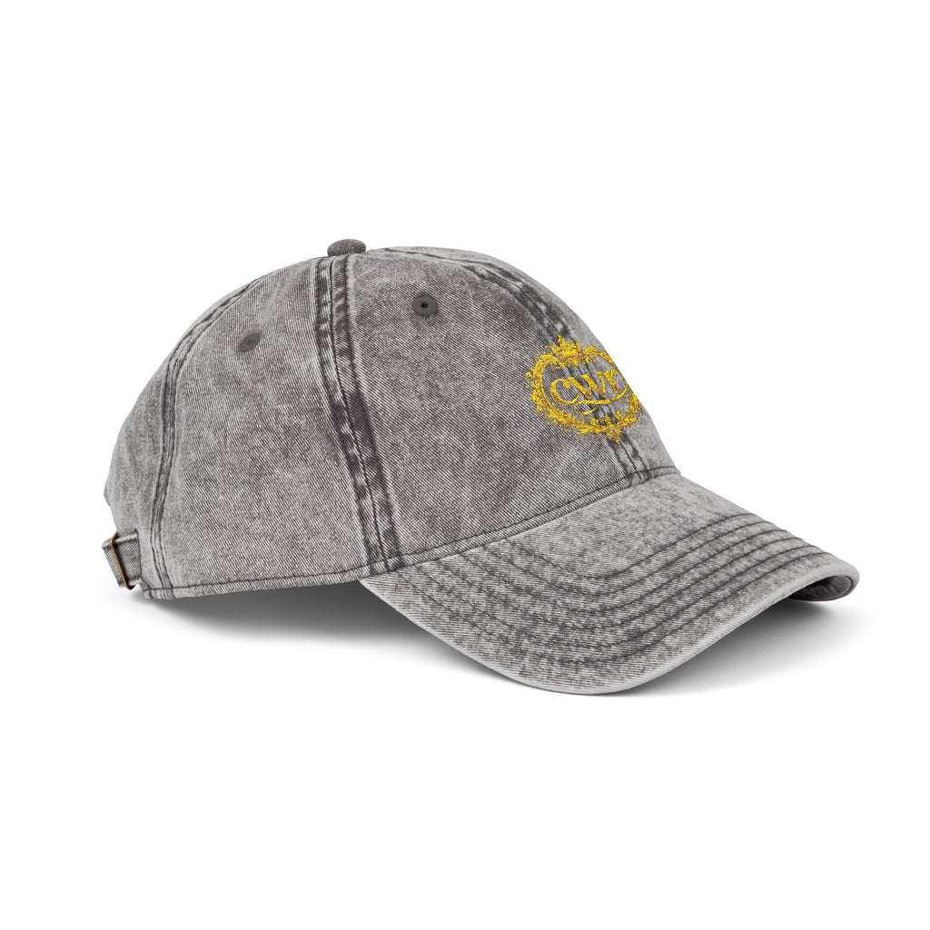 Vintage Embroidered Cap — Distressed Gray Hat with Gold Floral Crest