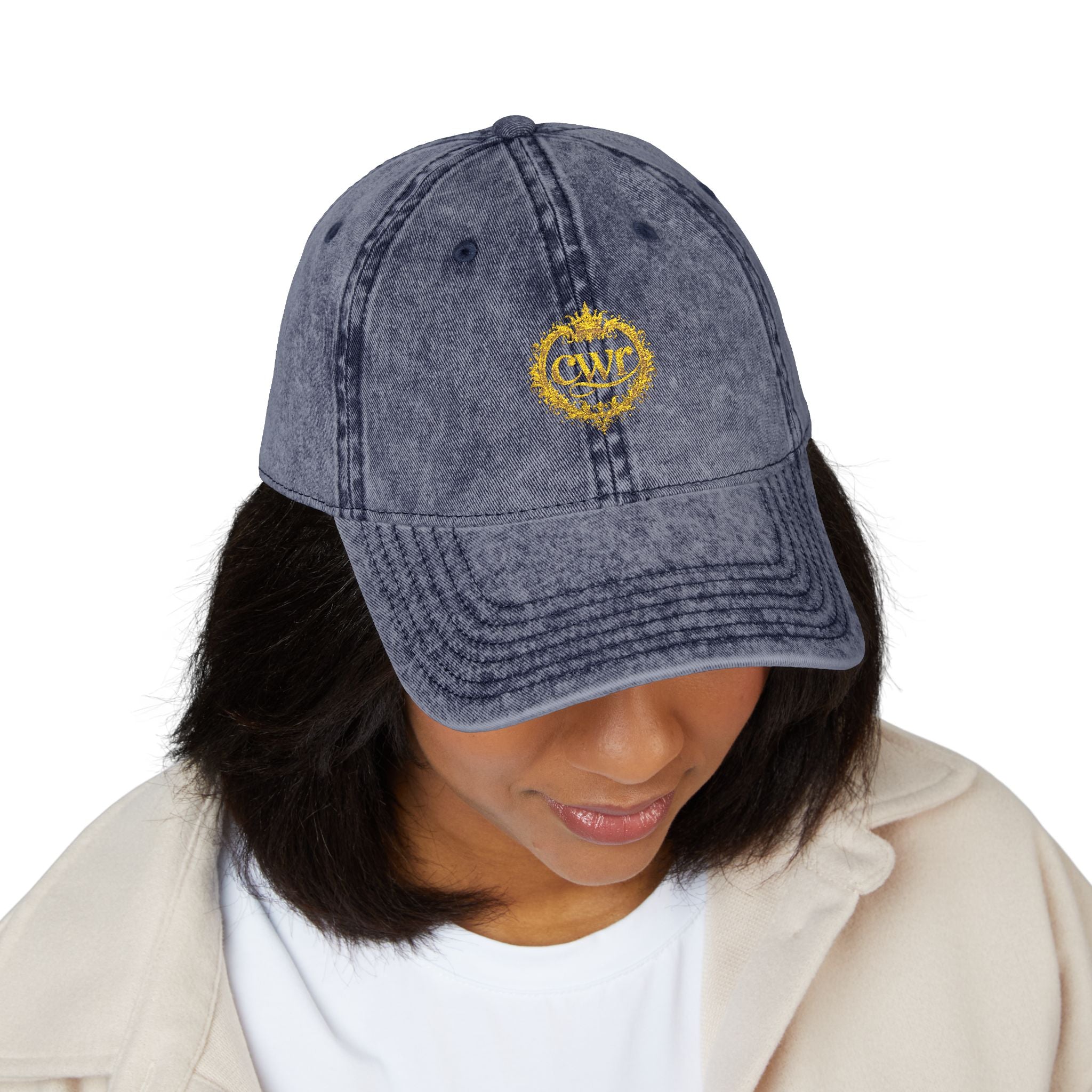 Vintage Embroidered Cap — Distressed Gray Hat with Gold Floral Crest