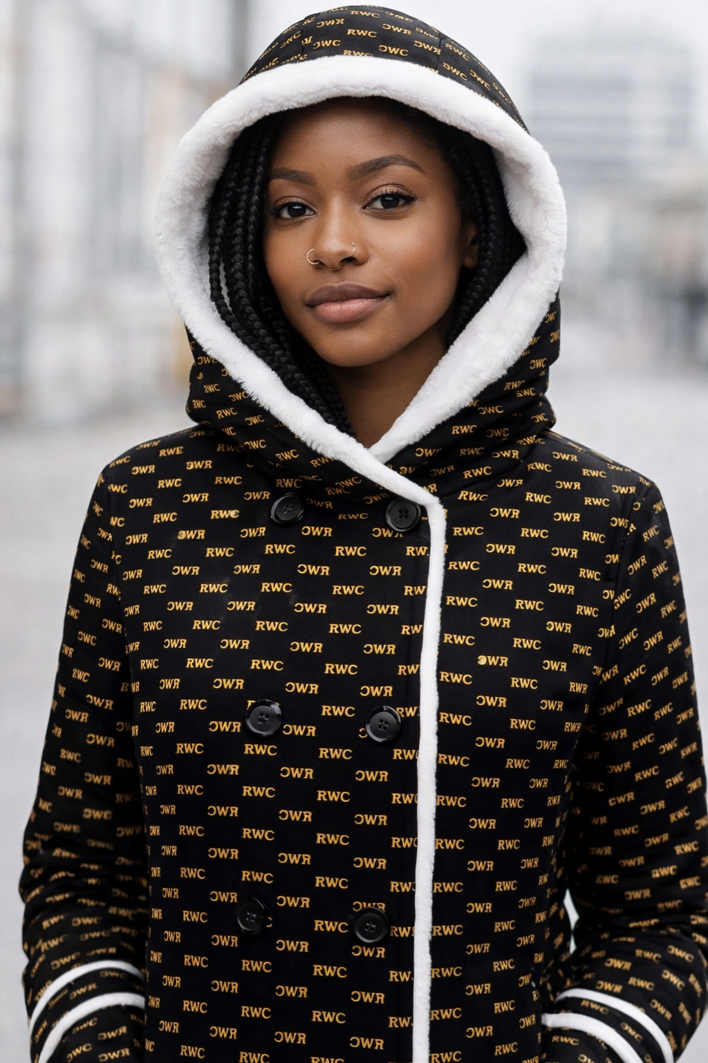 All-Over Print Women's Hooded Double-Breasted Winter Coat With Fleece